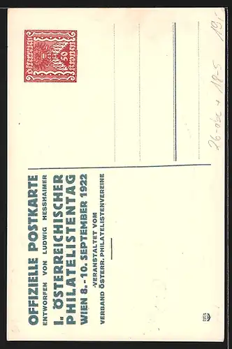 Künstler-AK sign. Ludwig Hesshaimer: Wien, I. Österreichischer Philatelistentag 1922, Götterbote Hermes, Ganzsache