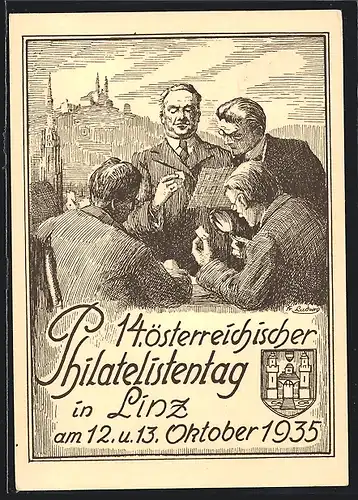 Künstler-AK Linz, 14. österreichischer Philatelistentag Oktober 1935, Männer beim Tausch, Wappen, Ganzsache