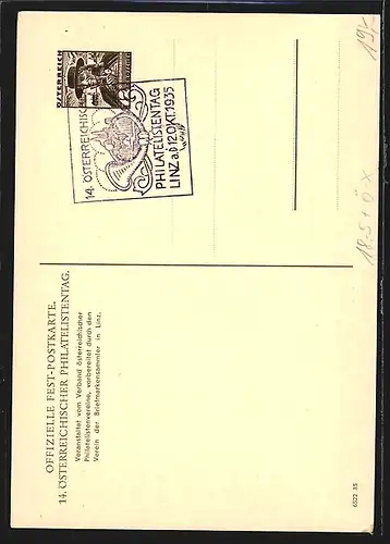 Künstler-AK Linz, 14. österreichischer Philatelistentag Oktober 1935, Männer beim Tausch, Wappen, Ganzsache