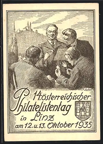 Künstler-AK Linz, 14. österreichischer Philatelistentag Oktober 1935, Männer beim Tausch, Wappen, Ausstellung, Ganzsache