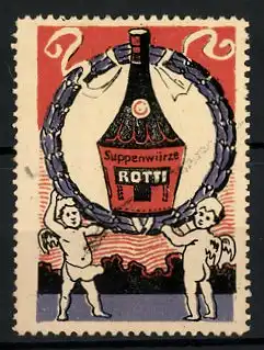 Reklamemarke Rotti Suppenwürze, zwei nackte Engel tragen eine Würzflasche