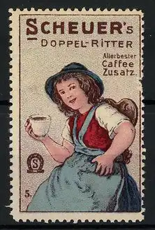 Reklamemarke Scheuer's Doppel-Ritter, allerbester Caffee-Zusatz, Bauernmädchen mit Kaffeetasse