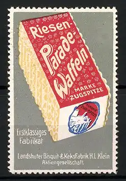 Reklamemarke Riesen-Parade Waffeln, Marke Zugspitze, Landshuter Bisquit- und Keksfabrik H. L. Klein, Schachtel