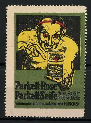 Reklamemarke Parkett-Rose und Parkett-Seife, Vereinigte Farben- und Lackfabriken München, Teufel hält Dosen