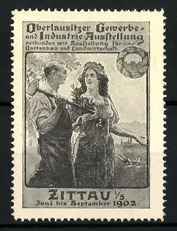 Reklamemarke Zittau, Oberlausitzer Gewerbe- und Industrie-Ausstellung 1902, Handwerker mit Frau am Ortsrand stehend