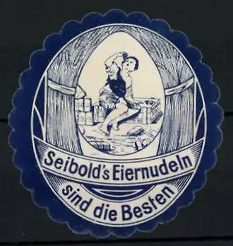 Reklamemarke Seibold's Eiernudeln sind die Besten, Knabe nascht Nudeln, blau