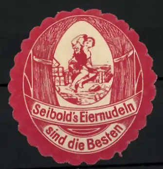 Reklamemarke Seibold's Eiernudeln sind die Besten, Knabe nascht Nudeln, rot