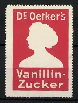 Reklamemarke Dr. Oetker's Vanillin-Zucker, Silhouette einer Frau, rot