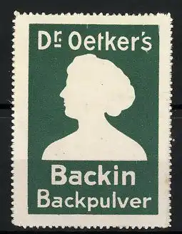 Reklamemarke Dr. Oetker's Backin-Backpulver, Silhouette einer Frau, grün