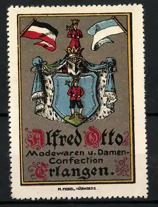 Reklamemarke Alfred Otto Modewaren und Damenconfection, Erlangen, Wappen
