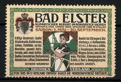 Reklamemarke Bad Elster, klimatisierter Kurort im Königreich Sachsen, Bedienstete mit einem Wasserglas, Wappen