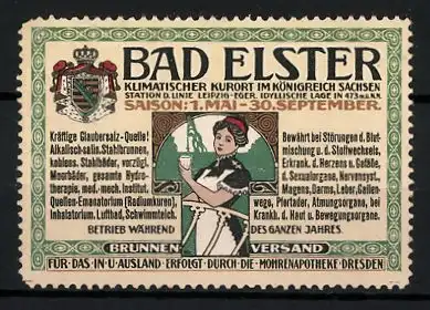 Reklamemarke Bad Elster, klimatisierter Kurort im Königreich Sachsen, Bedienstete mit einem Wasserglas, Wappen