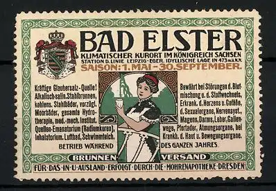 Reklamemarke Bad Elster, klimatisierter Kurort im Königreich Sachsen, Bedienstete mit einem Wasserglas, Wappen