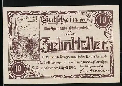 Notgeld Königswiesen 1920, 10 Heller, Wegpartie an einer Kirche