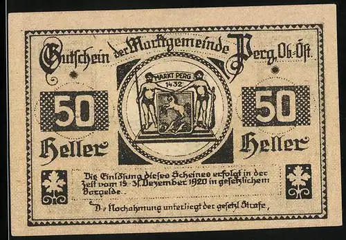 Notgeld Perg 1920, 50 Heller, Ortswappen, Blick auf die Kirche