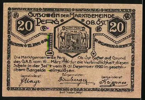 Notgeld Perg 1920, 20 Heller, Mühlstein-Erzeugung, Ortswappen