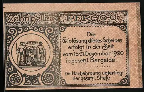 Notgeld Perg 1920, 10 Heller, Ortswappen, Blick auf die Kirche