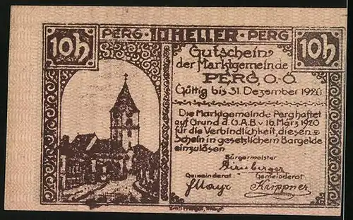 Notgeld Perg 1920, 10 Heller, Ortswappen, Blick auf die Kirche