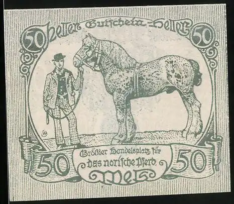 Notgeld Wels 1920, 50 Heller, Reiter mit einem Pferd am Zaum