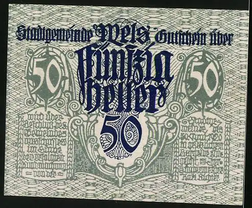 Notgeld Wels 1920, 50 Heller, Reiter mit einem Pferd am Zaum