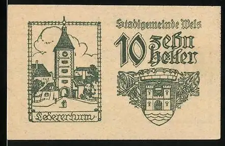 Notgeld Wels 1920, 10 Heller, Ledererturm