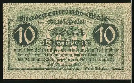 Notgeld Wels 1920, 10 Heller, Ledererturm