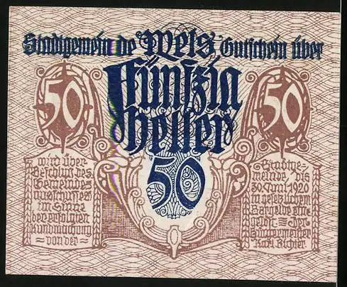 Notgeld Wels 1920, 50 Heller, Reiter mit seinem Pferd