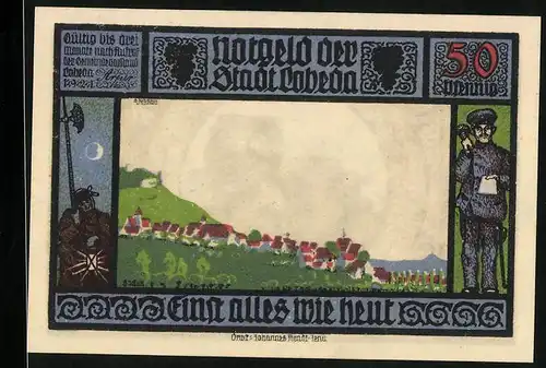 Notgeld Lobeda 1921, 50 Pfennig, Burgruine, Ortsansicht in Hügellandschaft