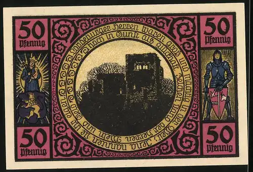 Notgeld Lobeda 1921, 50 Pfennig, Burgruine, Ortsansicht in Hügellandschaft