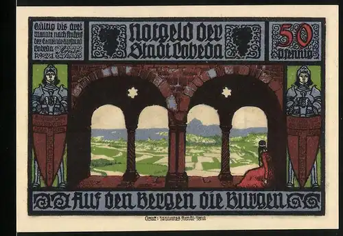Notgeld Lobeda 1921, 50 Pfennig, Burgruine und Blick aus einer Burg