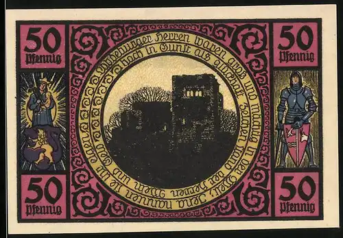 Notgeld Lobeda 1921, 50 Pfennig, Burgruine, Ortspartie mit einer Frauengruppe