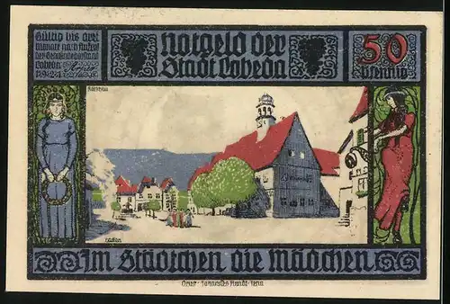 Notgeld Lobeda 1921, 50 Pfennig, Burgruine, Ortspartie mit einer Frauengruppe