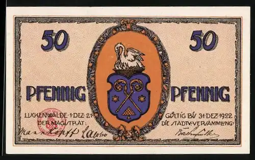 Notgeld Luckenwalde 1921, 50 Pfennig, Wappen und Hut