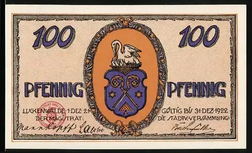 Notgeld Luckenwalde 1921, 100 Pfennig, Wappen, Teilansicht aus der Vogelschau