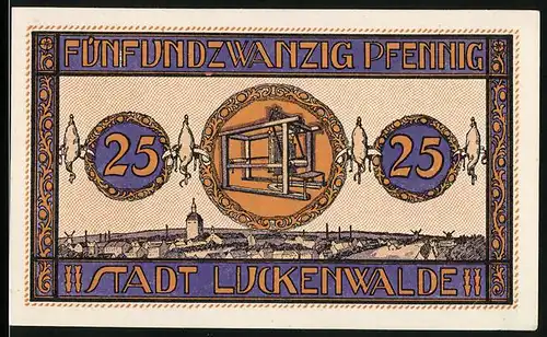 Notgeld Luckenwalde 1921, 25 Pfennig, Wappen und Webstuhl