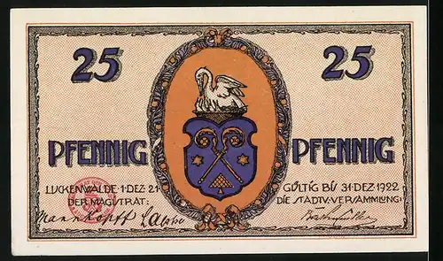 Notgeld Luckenwalde 1921, 25 Pfennig, Wappen und Webstuhl