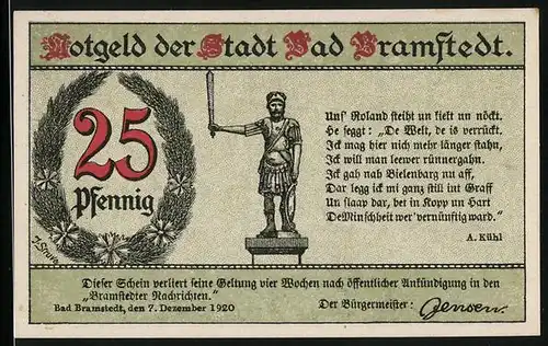 Notgeld Bad Bramstedt 1920, 25 Pfennig, Frau an frischer Quelle