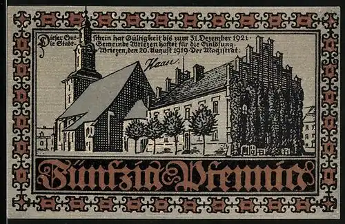 Notgeld Wriezen 1919, 50 Pfennig, Blick auf die Kirche