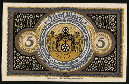 Notgeld Osnabrück 1921, 5 Mark, Wappen, Erfreute Bürger feiern Frieden