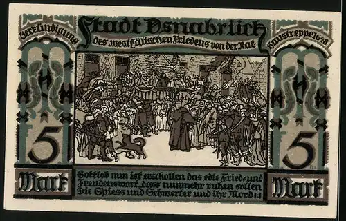 Notgeld Osnabrück 1921, 5 Mark, Wappen, Erfreute Bürger feiern Frieden