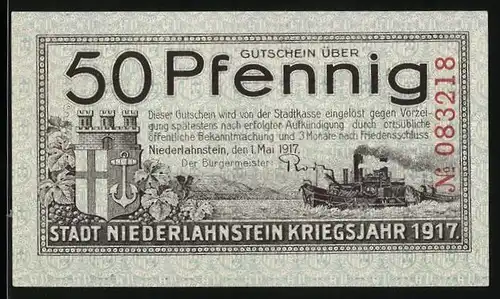 Notgeld Niederlahnstein 1917, 50 Pfennig, Dampfer und Kirche