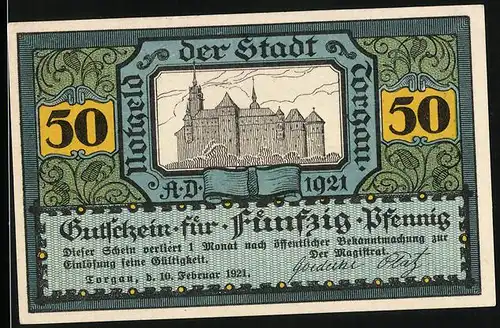 Notgeld Torgau 1921, 50 Pfennig, Blick aufs Schloss