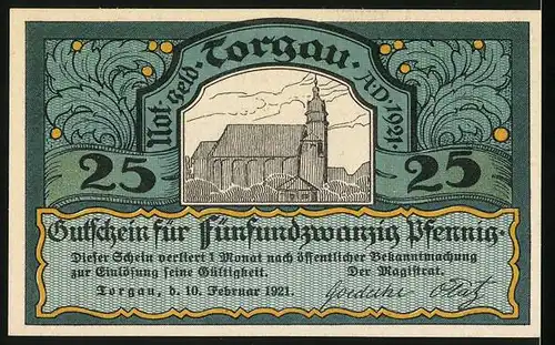 Notgeld Torgau 1921, 25 Pfennig, Blick auf die Kirche