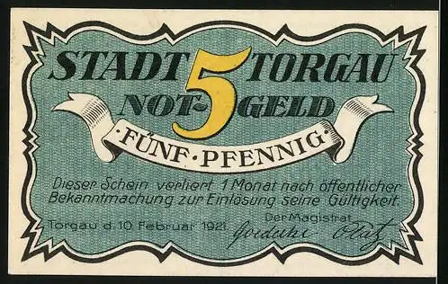 Notgeld Torgau 1921, 5 Pfennig, der Kurfürst