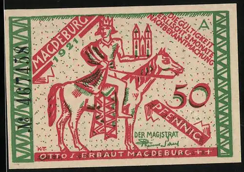 Notgeld Magdeburg 1921, Otto I. zu Pferde, Alt-Magdeburg am Elbestrand