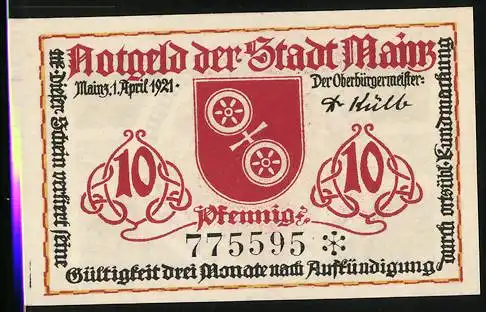 Notgeld Mainz 1921, 10 Pfennig, Wappen der Stadt und von Guttenberg