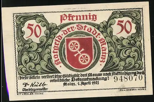 Notgeld Mainz 1921, 50 Pfennig, Stadtwappen, Adlerfibel der Kaiserin Gisela