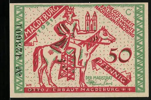 Notgeld Magdeburg 1921, 50 Pfennig, Otto I., Magdeburger Halbkugel