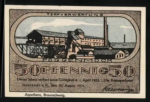 Notgeld Neustadt a. R. 1921, 50 Pfennig, Torfverwertung Poggenmoor