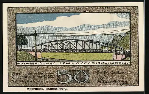 Notgeld Neustadt a. R. 1921, 50 Pfennig, Woynabrücke, Wegkreuz